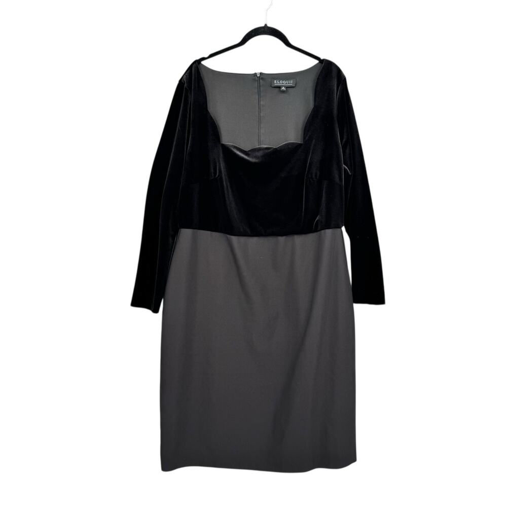 Eloquii Black Velvet Velour Square Scallop Neckline Long Sleeve Sheath Dress